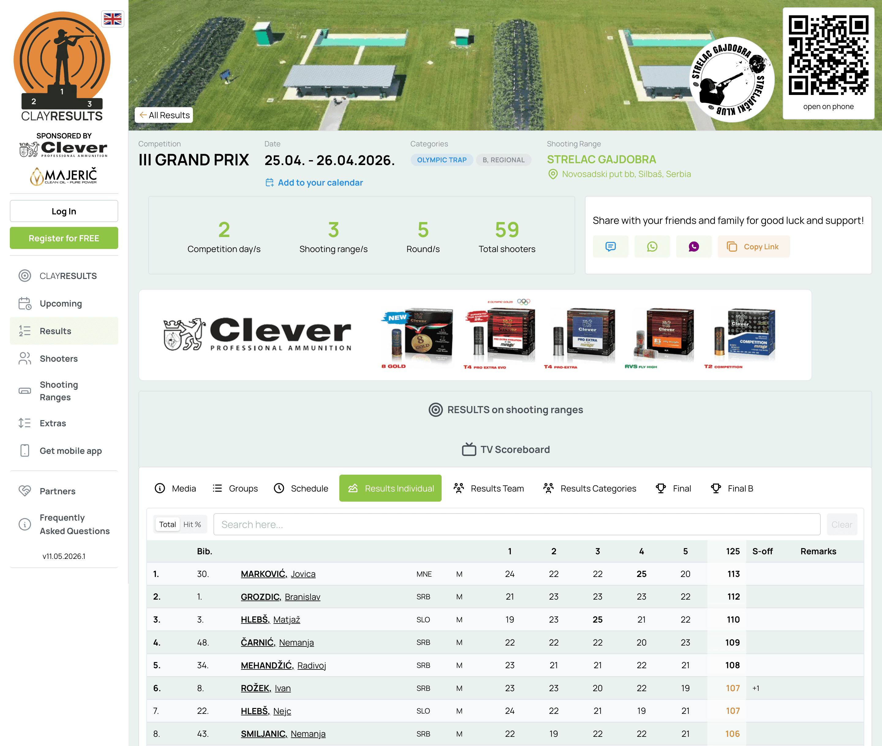 CLAYRESULTS.online wedstrijdresultatenpagina